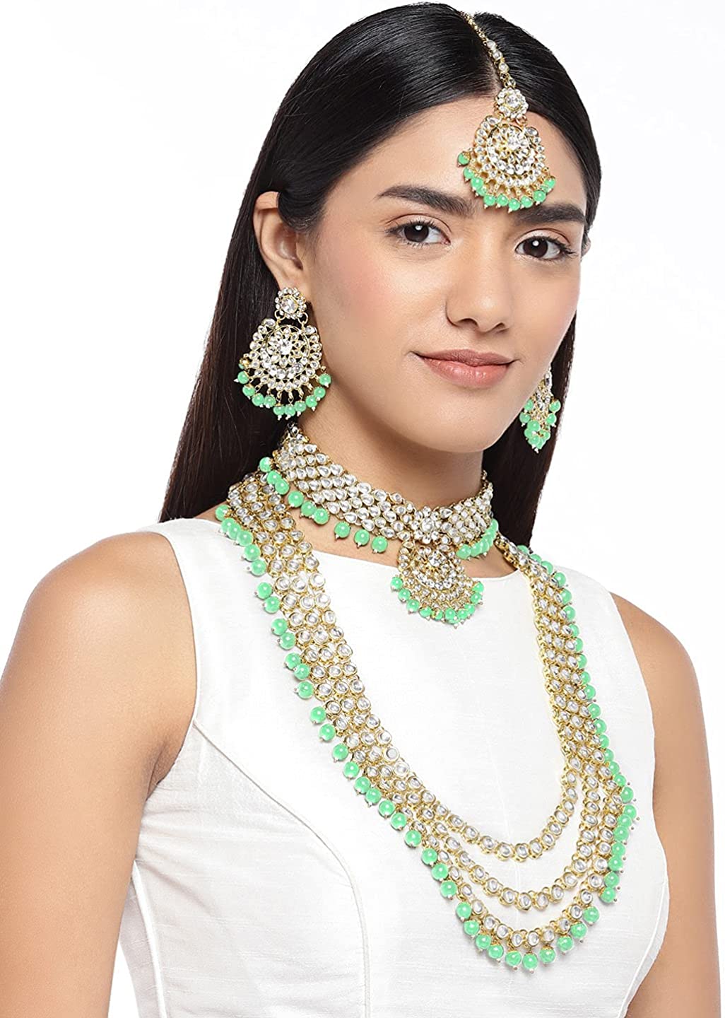 Aheli Indian Wedding Kundan Beaded Bridal Long Choker Necklace Earrings with Maang Tikka Traditional Jewellery Set for Women - Image 2